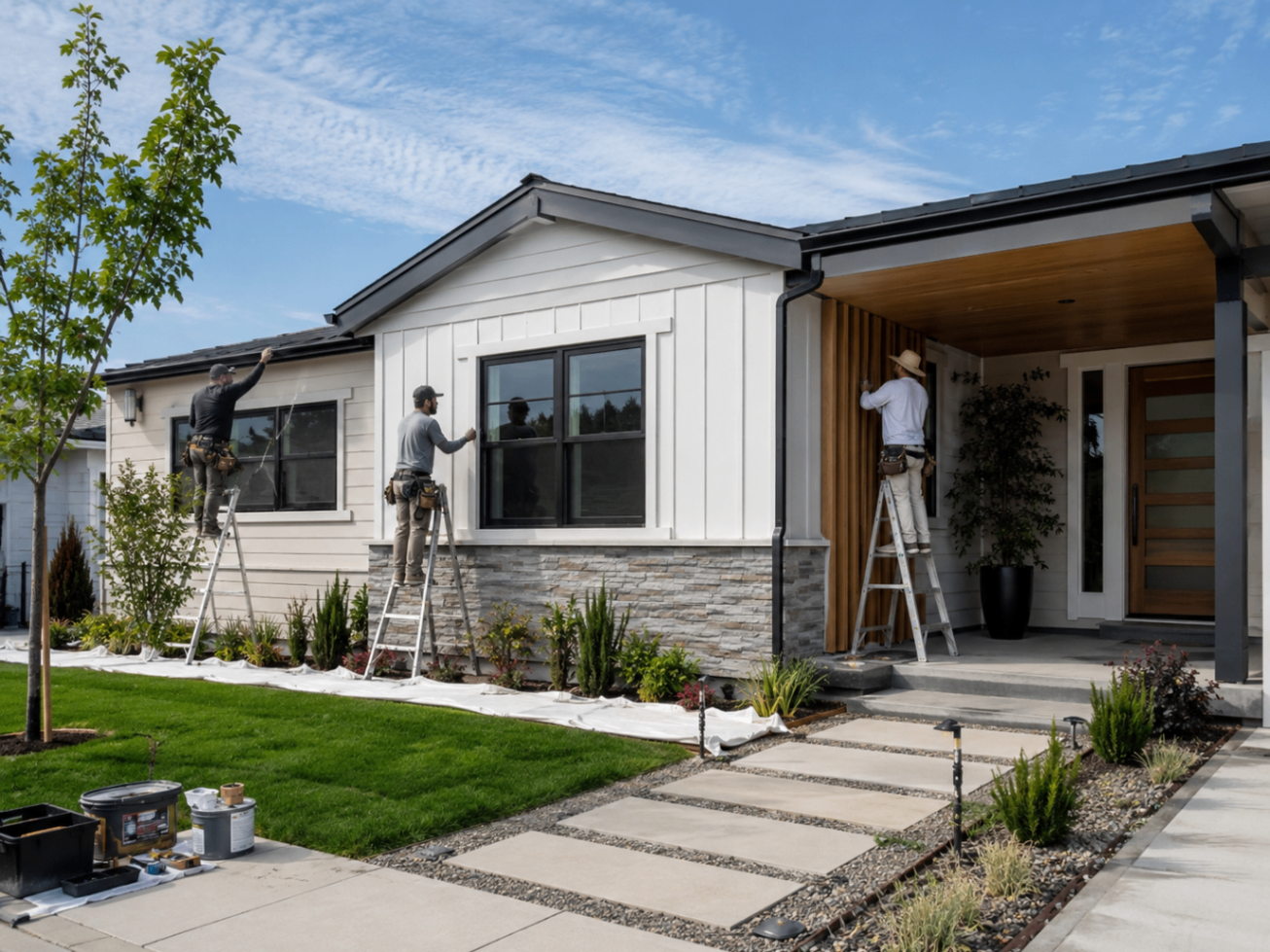 Crew painting a modern farmhouse exterior