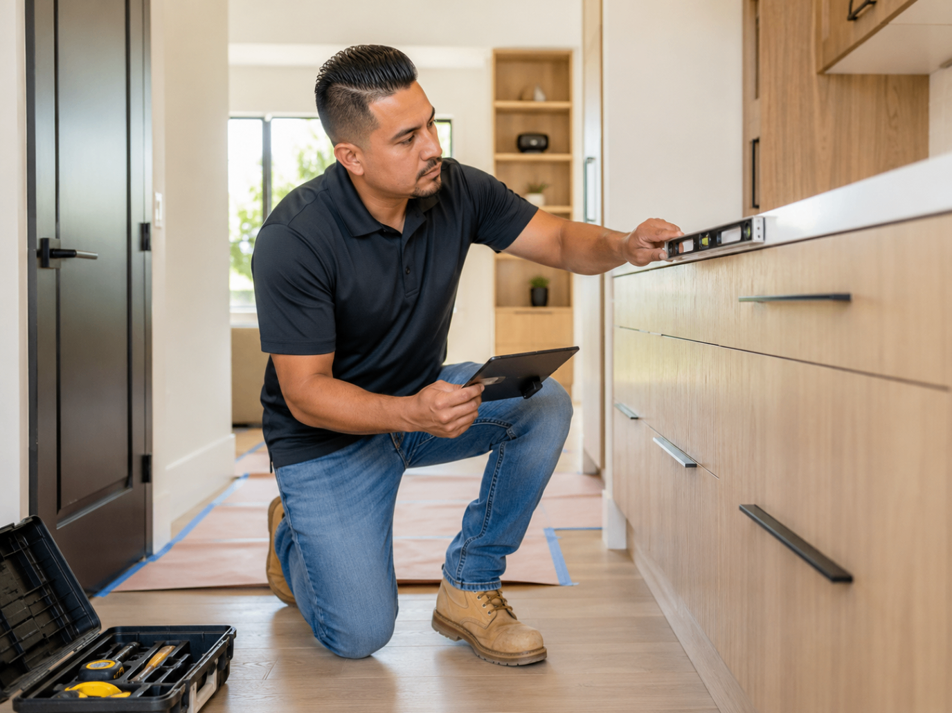 Leveling light-wood cabinetry